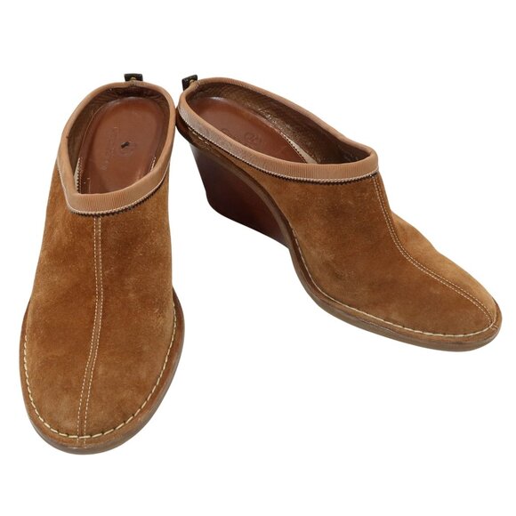 Cole Haan Shoes - COLE HAAN Cognac Suede Wedge Wooden 3" Heel Mules Shoes Size 8B Slip On Casual